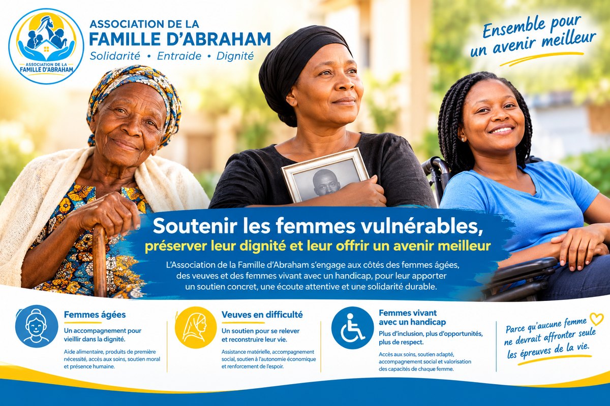 Affiche de l’Association de la famille d’Abraham : soutenir les femmes vulnérables, avec une femme âgée, une veuve et une femme en fauteuil roulant